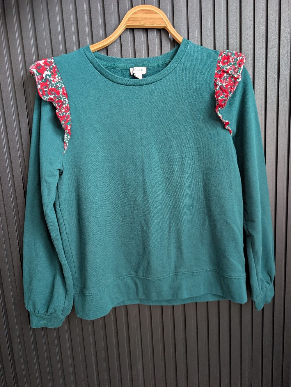 J. Crew Women's Ruffle Shoulder Sweatshirt in the color Academic Green - Picture 2 of 9